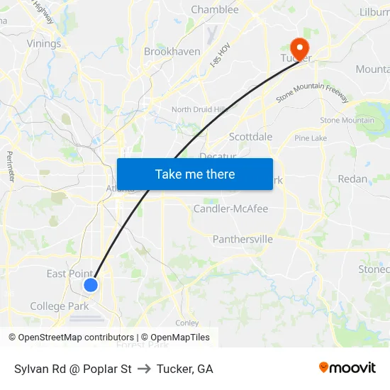 Sylvan Rd @ Poplar St to Tucker, GA map