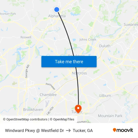 Windward Pkwy @ Westfield Dr to Tucker, GA map