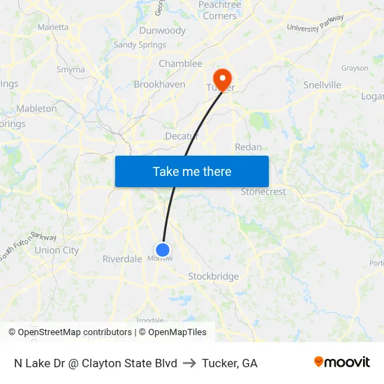N Lake Dr @ Clayton State Blvd to Tucker, GA map