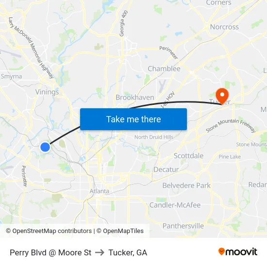 Perry Blvd @ Moore St to Tucker, GA map
