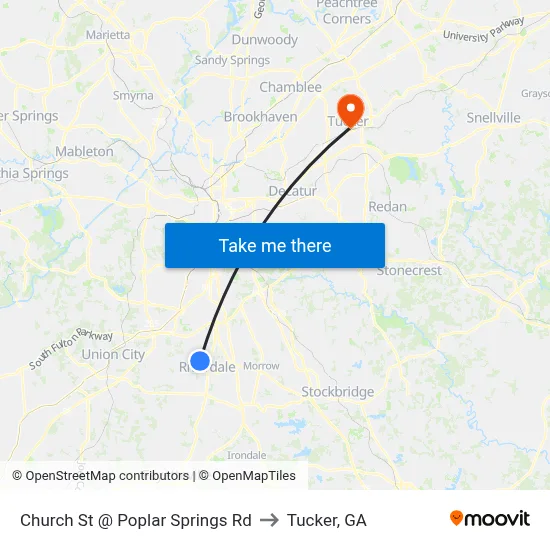 Church St @ Poplar Springs Rd to Tucker, GA map