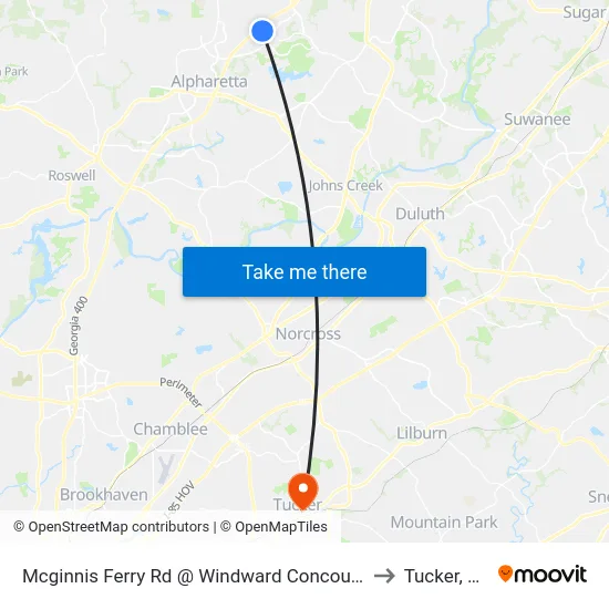 Mcginnis Ferry Rd @ Windward Concourse to Tucker, GA map