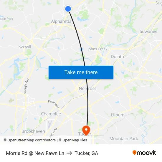 Morris Rd @ New Fawn Ln to Tucker, GA map