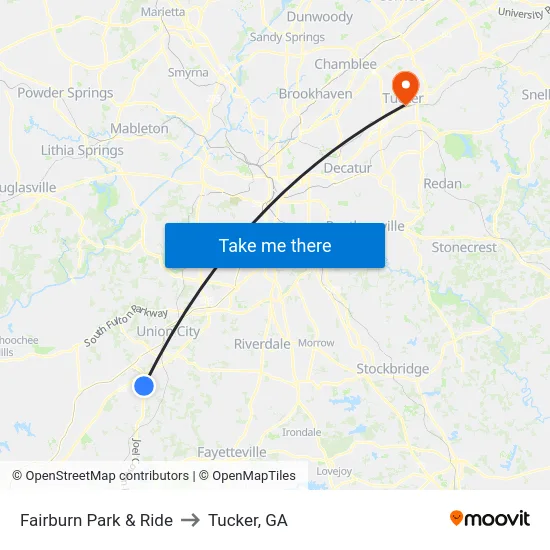 Fairburn Park & Ride to Tucker, GA map