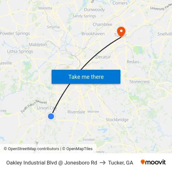 Oakley Industrial Blvd @ Jonesboro Rd to Tucker, GA map