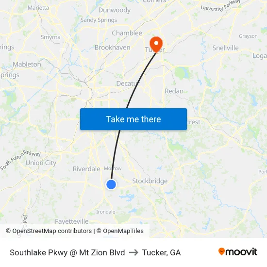 Southlake Pkwy @ Mt Zion Blvd to Tucker, GA map