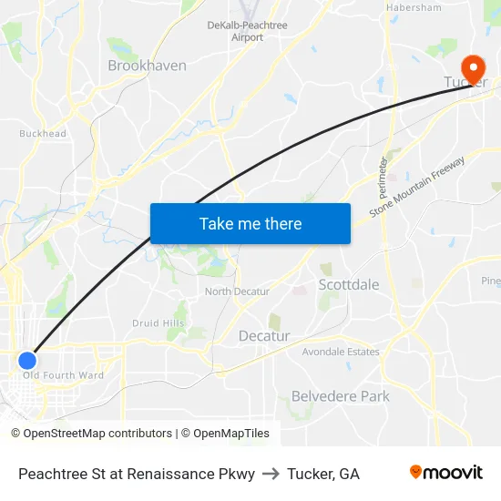 Peachtree St at Renaissance Pkwy to Tucker, GA map