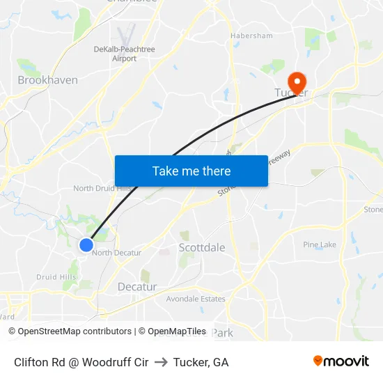 Clifton Rd @ Woodruff Cir to Tucker, GA map