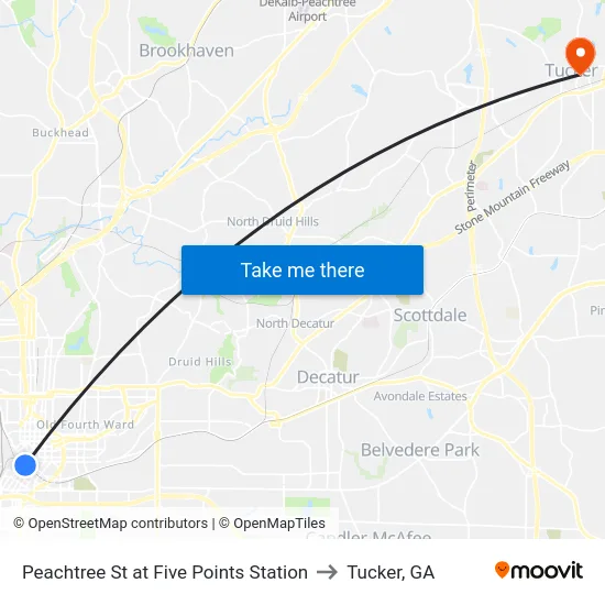 Peachtree St at Five Points Station to Tucker, GA map