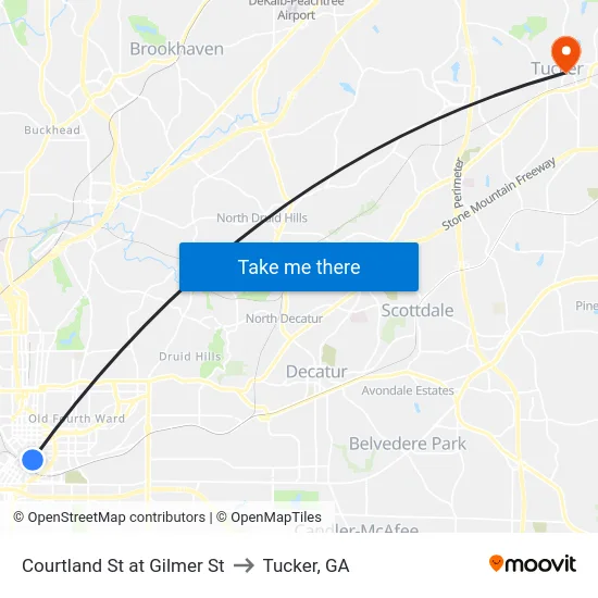 Courtland St at Gilmer St to Tucker, GA map