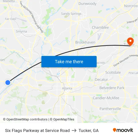 Six Flags Parkway at Service Road to Tucker, GA map