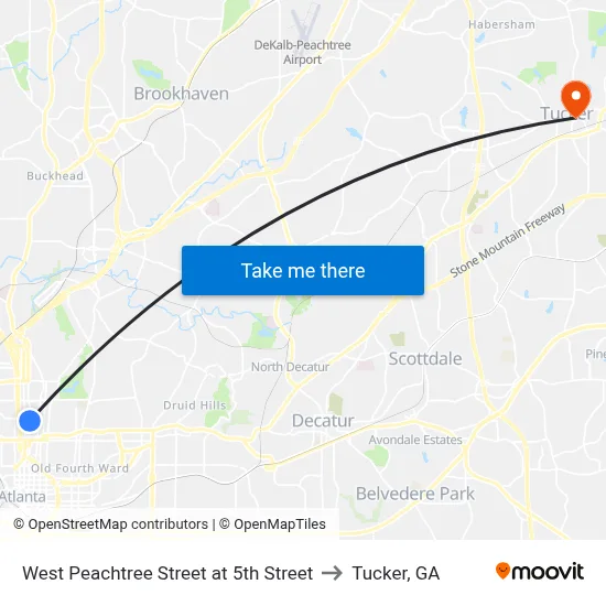 West Peachtree Street at 5th Street to Tucker, GA map