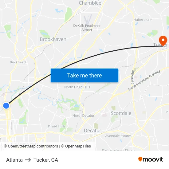 Atlanta to Tucker, GA map
