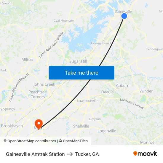 Gainesville Amtrak Station to Tucker, GA map