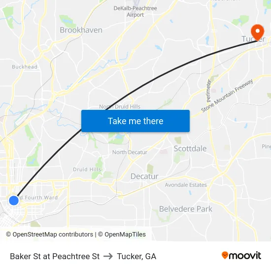 Baker St at Peachtree St to Tucker, GA map