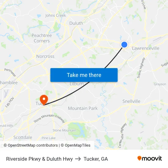 Riverside Pkwy & Duluth Hwy to Tucker, GA map
