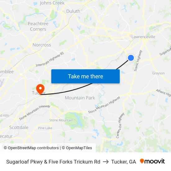Sugarloaf Pkwy & Five Forks Trickum Rd to Tucker, GA map