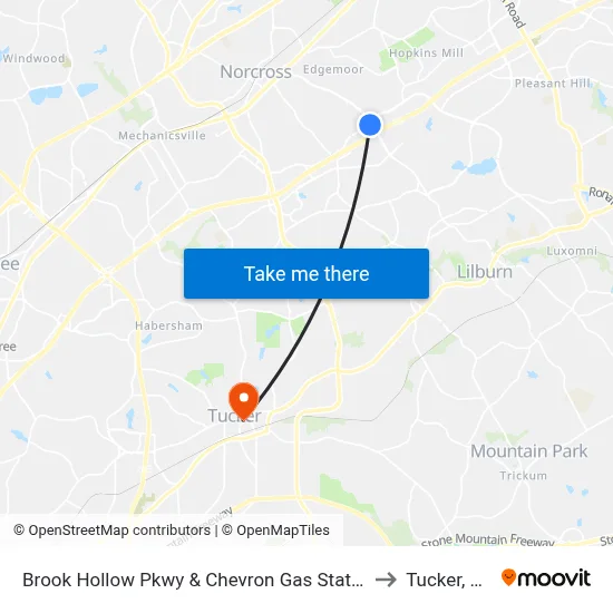 Brook Hollow Pkwy & Chevron Gas Station to Tucker, GA map