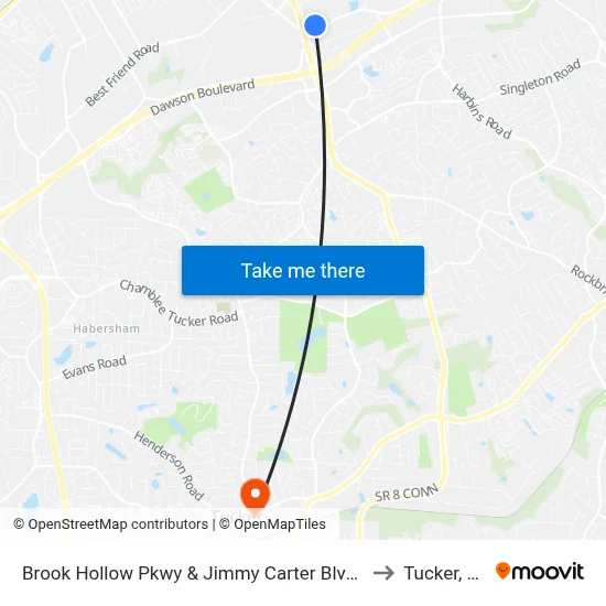 Brook Hollow Pkwy & Jimmy Carter Blvd Ob to Tucker, GA map