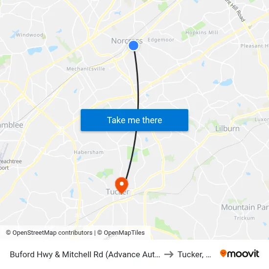 Buford Hwy & Mitchell Rd (Advance Auto) to Tucker, GA map