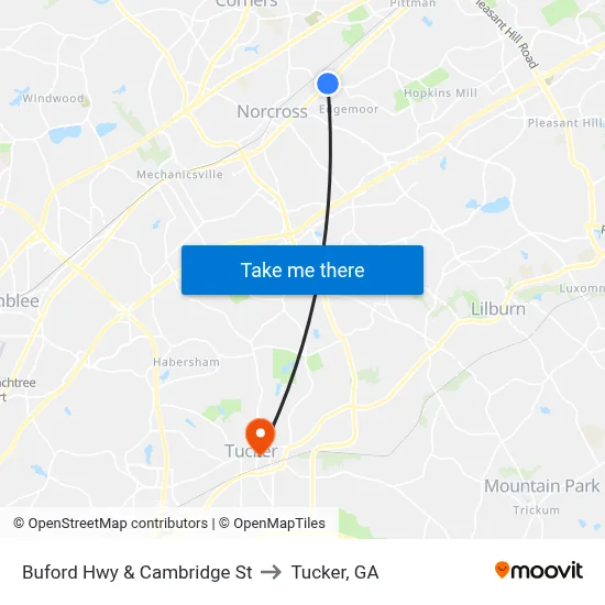 Buford Hwy & Cambridge St to Tucker, GA map