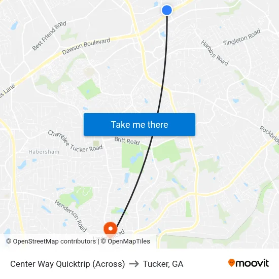 Center Way Quicktrip (Across) to Tucker, GA map