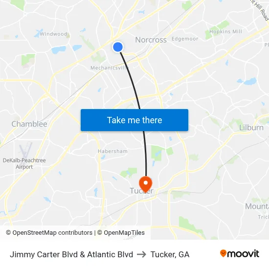 Jimmy Carter Blvd & Atlantic Blvd to Tucker, GA map
