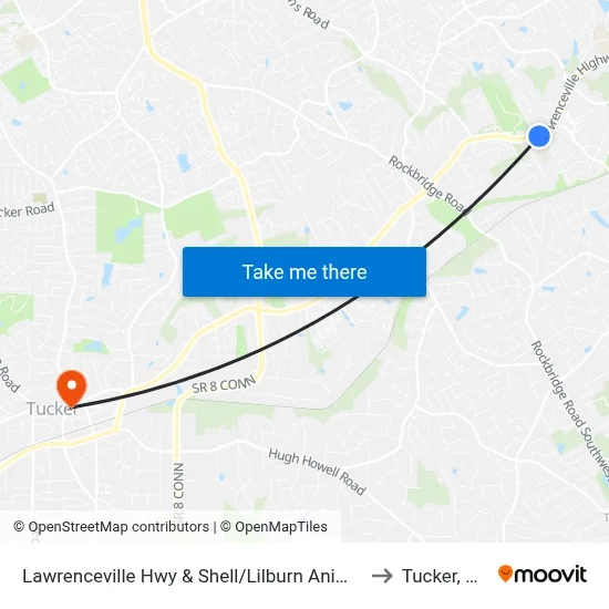 Lawrenceville Hwy & Shell/Lilburn Animal to Tucker, GA map