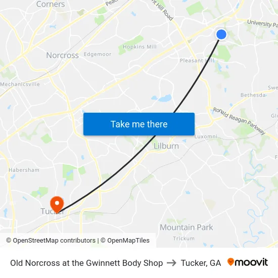 Old Norcross at the Gwinnett Body Shop to Tucker, GA map