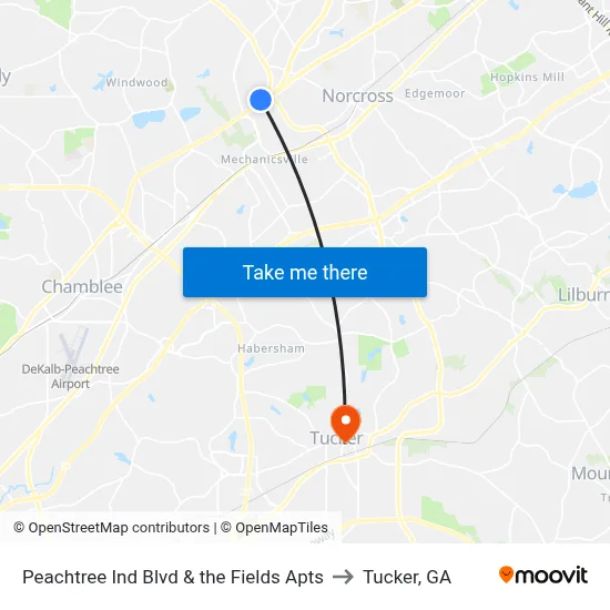 Peachtree Ind Blvd & the Fields Apts to Tucker, GA map