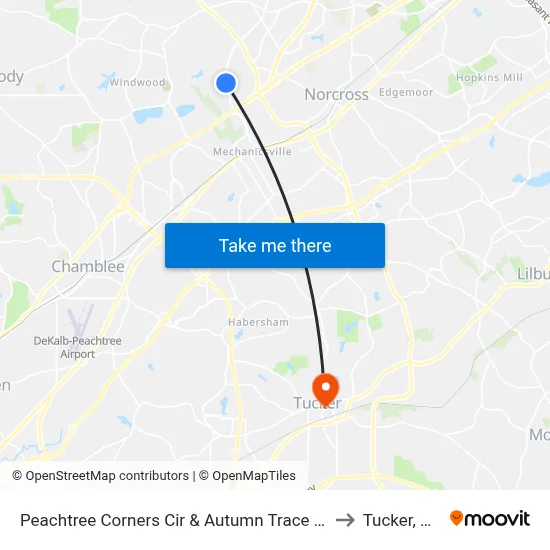 Peachtree Corners Cir & Autumn Trace Dr to Tucker, GA map