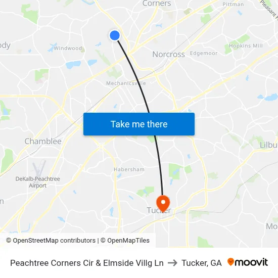 Peachtree Corners Cir & Elmside Villg Ln to Tucker, GA map