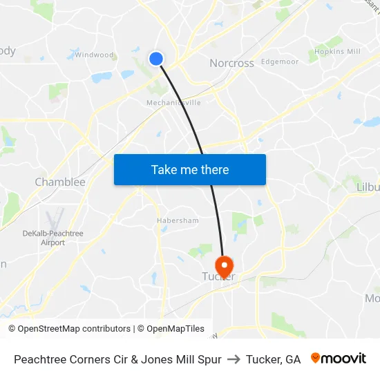 Peachtree Corners Cir & Jones Mill Spur to Tucker, GA map
