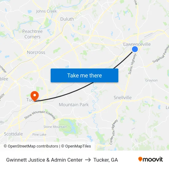 Gwinnett Justice & Admin Center to Tucker, GA map