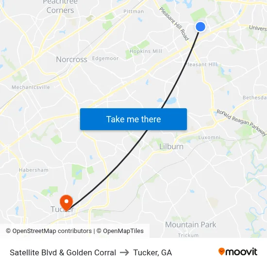Satellite Blvd & Golden Corral to Tucker, GA map