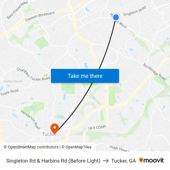 Singleton Rd & Harbins Rd (Before Light) to Tucker, GA map