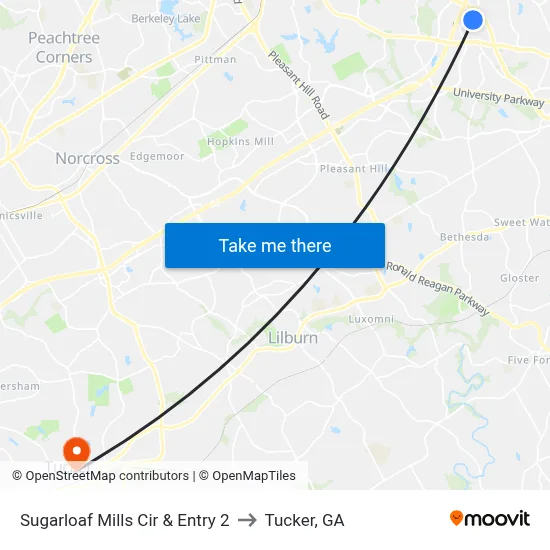 Sugarloaf Mills Cir & Entry 2 to Tucker, GA map