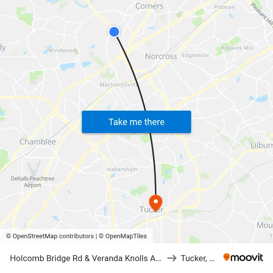 Holcomb Bridge Rd & Veranda Knolls Apts to Tucker, GA map