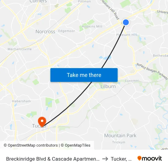 Breckinridge Blvd & Cascade Apartments to Tucker, GA map