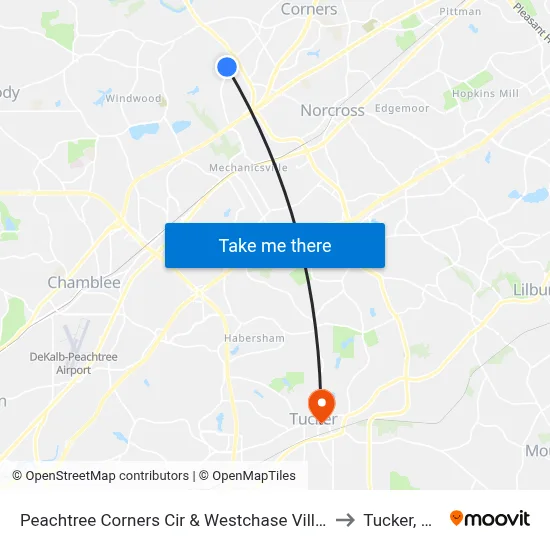 Peachtree Corners Cir & Westchase Villge to Tucker, GA map