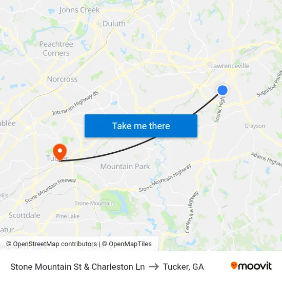 Stone Mountain St & Charleston Ln to Tucker, GA map