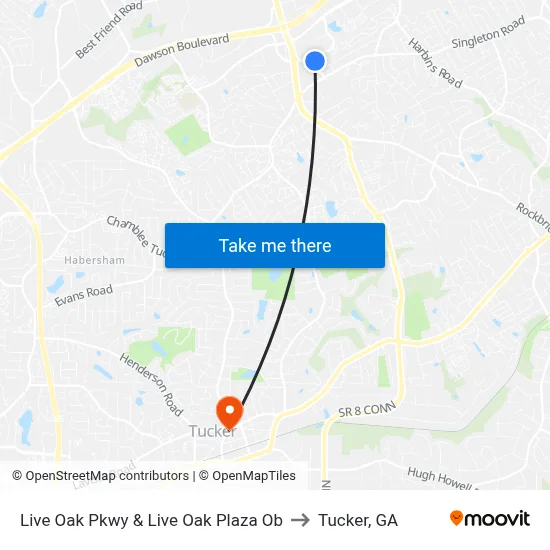 Live Oak Pkwy & Live Oak Plaza Ob to Tucker, GA map