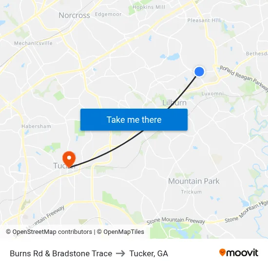 Burns Rd & Bradstone Trace to Tucker, GA map