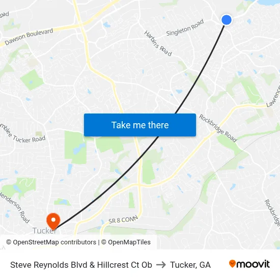 Steve Reynolds Blvd & Hillcrest Ct Ob to Tucker, GA map