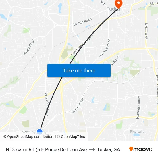 N Decatur Rd @ E Ponce De Leon Ave to Tucker, GA map
