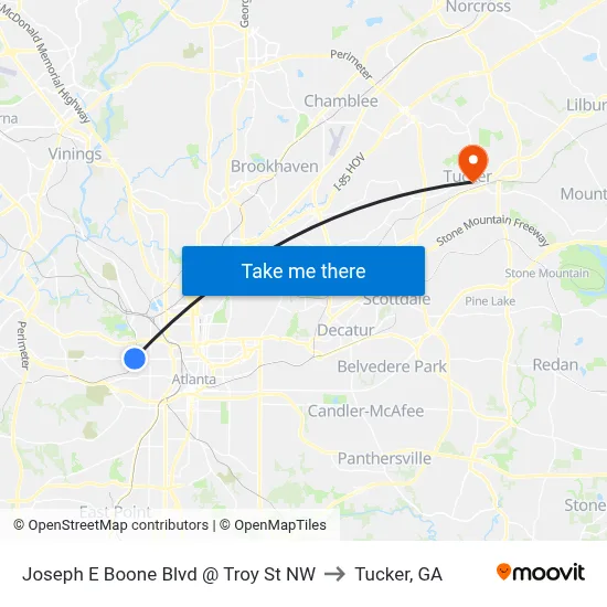 Joseph E Boone Blvd @ Troy St NW to Tucker, GA map