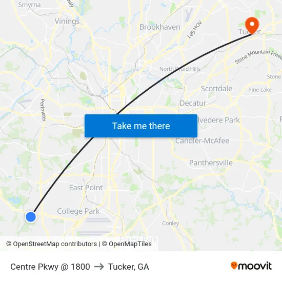 Centre Pkwy @ 1800 to Tucker, GA map