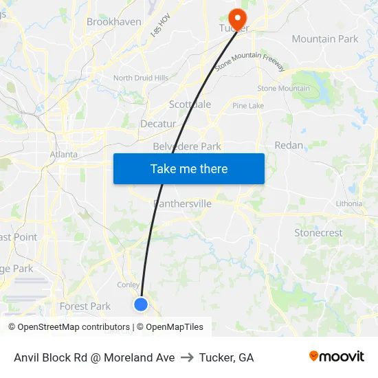 Anvil Block Rd @ Moreland Ave to Tucker, GA map