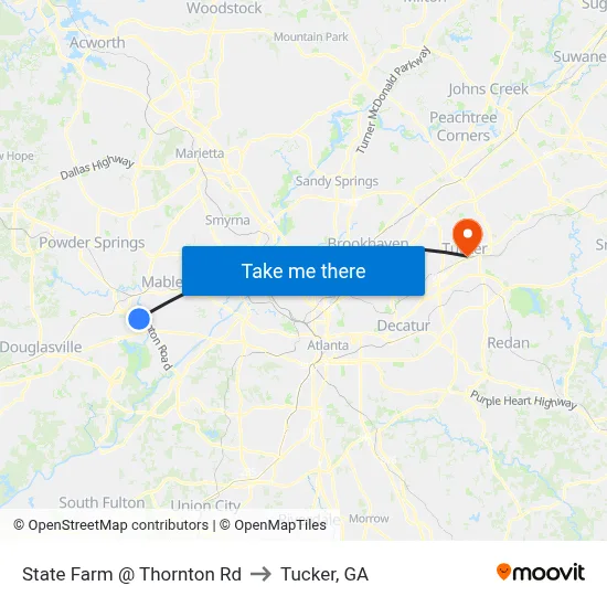 State Farm @ Thornton Rd to Tucker, GA map