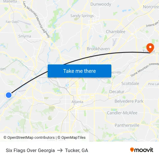 Six Flags Over Georgia to Tucker, GA map